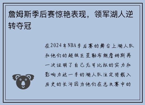 詹姆斯季后赛惊艳表现，领军湖人逆转夺冠
